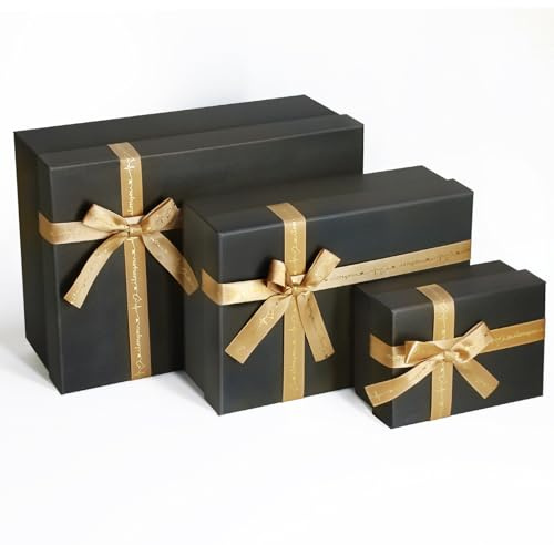 Airuisike Schwarze Geschenkboxen mit goldenen Bändern & Schleifen - (3 Größen) Stabile Geschenkboxen mit Deckel für Geschenke - Elegante Geschenkverpackungsboxen zum Verpacken von Geschenken