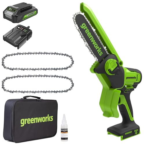 Greenworks 24V Mini Motosierra 10cm Motosierra a batería sin cable alimentada por una batería de 2Ah+ Cadena de Sierra de 2 piezas para barras de 4 pulgadas (10 cm)