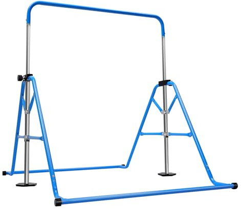 TESUGN Barra de gimnasia para niños, barra de gimnasia para jardín, niños, altura ajustable, 5 alturas ajustables, para 3-8 niños y niñas, dispositivo de entrenamiento de hasta 100 kg, color azul