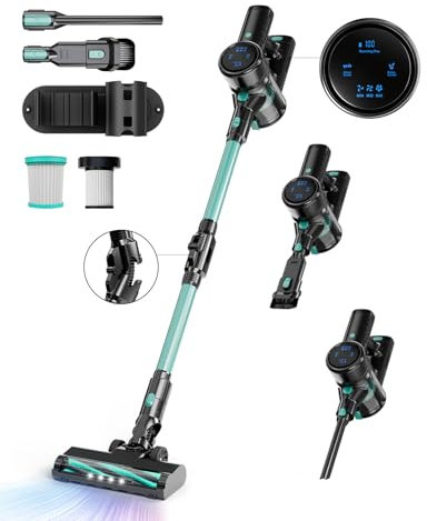Cyansharp Akku Staubsauger, 28KPa Staubsauger Kabellos, Akkustaubsauger Selbstladender mit LED Display/Anti-Tangle-Bürste/wechselbarer Akku, Stabstaubsauger für Hartböden Teppiche Tierhaare (Grün)