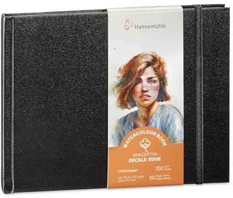Hahnemühle Watercolour Book Deckle Edge, Aquarellbuch mit gerissenen Rändern, 100% Baumwolle, 250 g/m², matt, 30 Blatt/60 Seiten (ca. 15,3x10,3 cm/Landschaftsformat)