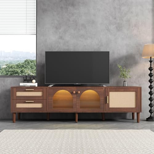 180 cm TV-Schrank mit LED für 80-Zoll-Fernseher, TV Lowboard mit 2 Rattan-Schubladen, 2 Glastüren und 1 Rattan-Tür, Fernsehschrank im Retro-Stil, Sideboard geeignet für Wohnzimmer und Schlafzimmer