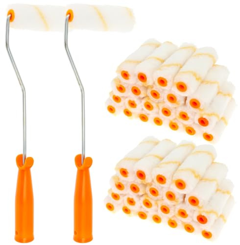 60 Stück Farbroller 10cm mit 2 Farbroller Bügel Abnehmbare Farbroller Set Klein Polyester Malerwalze zum Lackieren Sie Möbel Fensterbänke Fensterrahmen Türrahmen