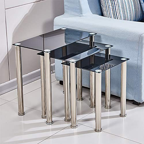 Moderne Glas-Satztische 3er-Set mit Stahlbeinen für Wohnzimmermöbel (schwarz)