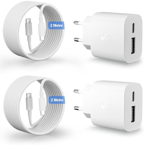 2-Pack 25W USB C-Laddare, 2 Portars Snabbladdare PD & QC3.0 Strömadapterkontakt för Apple Phone 16/16e/16 Plus/16 Pro/16 Pro Max/Phone 15 Series/iPad med 2 m Snabbladdningskabel USBC