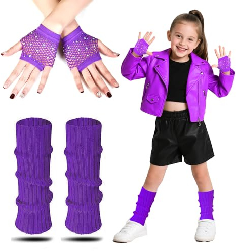 AffeGifts Stulpen Pink Kinder, 80er Jahre Stulpen Kinder mit Neon Fishnet Handschuhe Warme Strickbeinwärmer 80er Kostüm Zubehör Set für Mädchen Fancy Kleid 1980er Themenparty