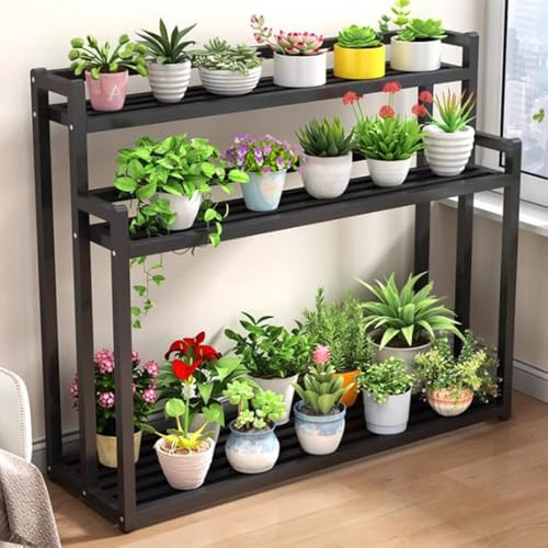 Metal Plant Stand Outdoor 3 Tier Display Shelf for Garden Heavy Duty Flower Rack for Patio Balcony Porch Multi Tiered Plant Holder (Black 80cm)