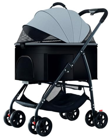 Hundebuggy 3 in 1, Hundewagen Klappbar bis 20kg, Hundebox mit Netzfenstern, Ablagekorb, Abnehmbarer Trage & Stoßdämpfung Gummiräder, Katzenwagenfür kleine Hunde Katz 56 x 24 x 61 cm