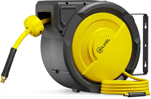 SILVEL Retractable Air Hose Reel, 3/8 in x 80FT Hybrid Hose Max 300PSI, Air Compressor Hose Reel with 6.5Ft Lead in, Auto-Rewind & 180° Swivel Bracket, Ceiling/Wall Mount for Garage, Workshop, DIY