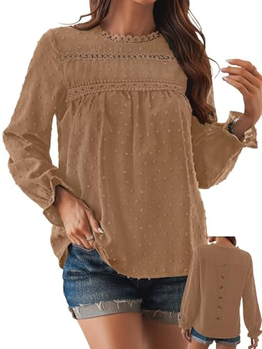 TUUHAW Camicia Donna Autunno Scollo Rotondo Casual T-Shirt con Volant Manica Lunga Boho Top Allentate Maglietta Elegante Blusa Pizzo Vintage Camicetta Tinta Unita Classico Abbigliamento Marrone S