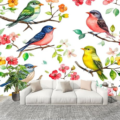 Fotomurale 200x140 cm Fiori E Uccelli Acquerellati Carta da Parati Murale Effetto 4D Colorato Murale da Parete Artistico in Tessuto non Tessuto Poster Decorativo per Soggiorno Sfondo TV e Divano