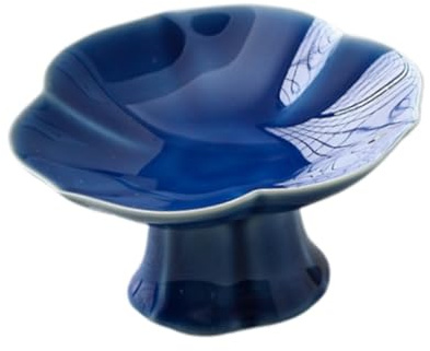 Folpus Coupe à Fruits Plateau à Dessert Bol Rond sur Pied Plat à Fruits Céramique Motif Floral Élégant Adapté pour Salon Maison Décoration, Bleu