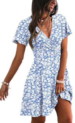 RUMIA Womens Summer Dresses 2026 Wrap V Neck A-line Casual Sundresses Holiday Party Cocktail Dress Floral Blue M