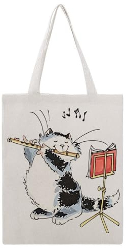 JDYANSHENG Borsa tote in tela con flauto che suona il gatto, perfetta per picnic all'aperto, feste, shopping, viaggi, manici robusti, regalo ispirato, 38 x 46 cm