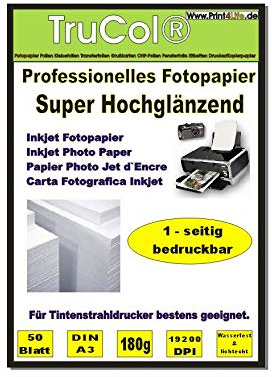 50 Blatt Fotopapier Photopapier DIN A3 180g/qm - einseitig Glossy (glaenzend) - sofort trocken - wasserfest - hochweiß - sehr hohe Farbbrillianz Fuer Inkjet Drucker (Tintenstrahldrucker)