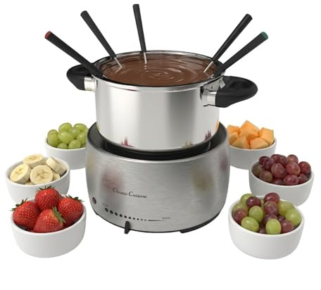 Stainless-Steel Fondue Pot Set - Electric Cooker for Melting and Warming Cheese, Chocolate, and More - Includes 8 Color-Coded Forks by Classic Cuisine