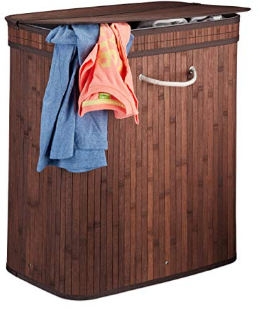 Relaxdays cesto portabiancheria con coperchio, 2 scomparti, contenitore per dividere i panni sporchi, traspirante, 72 l, bambù, marrone