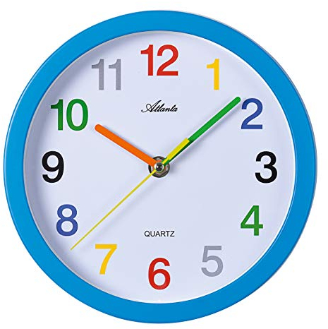 Atlanta Wanduhren Analog Blau für Kinder mit bunten Zahlen 4352-5