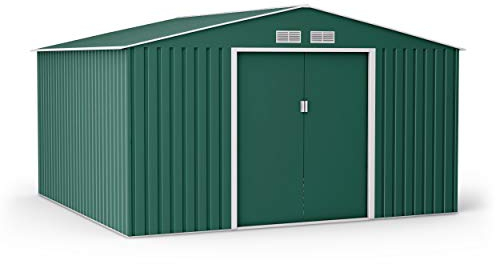BillyOh Ranger Apex 11x10 Shed, Dark Green - Galvanised Steel Garden Storage Box for Tools & Bike with Vents, Foundation Kit - Lockable 2 Door Metal Shed for Outdoor Storage Cabinet Solution