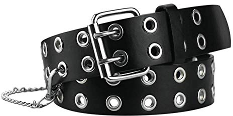 maikun Studded Belt for Women, Gromment Womens Black Double Prong Belt,Color Black with Chain,Length 120cm