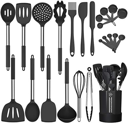 Fungun Silikon-Kochutensilien-Set, antihaftbeschichtet, 24-teiliges Kochutensilien-Set, hitzebeständiges Kochgeschirr, Silikon-Küchenhelfer, Geschenk mit Edelstahlgriff, Schwarz, 24-teilig