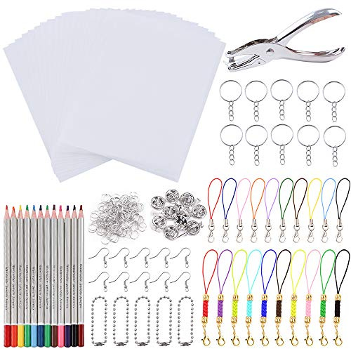 188 Stück Schrumpffolien Set, Einschließlich 20 Blatt Schrumpffolien, Locher, 12-teilige Buntstifte und 155-teiliges Schlüsselbundzubehör zum Heimwerken/Basteln/Abzeichen/Schmuck/Anhänger