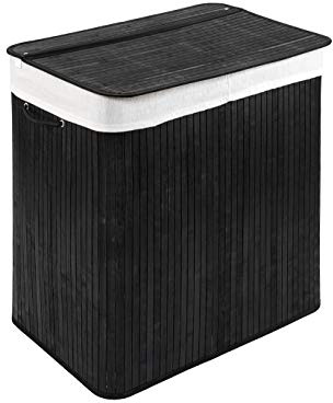 WohnDirect Wäschekorb mit Deckel und 2 Fächer - stabile Wäschebox Bambus - Wäschekorb Schwarz mit Wäschesack, waschbar - 100% Bambus - 104 Liter