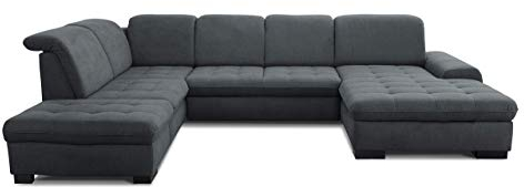 CAVADORE Wohnlandschaft Lexi / Große U-Form mit XXL-Longchair rechts und Federkern / Leichte Fleckenentfernung dank Soft Clean / 329 x 82 x 224 / Flachgewebe: Dunkelgrau