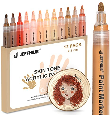 JEFFNIUB Hautfarbe Acrylstifte Marker Stifte Wasserfest 12 Stück Set für Steine, Holz, Leinwand, Glas, Papier, Leder, Keramik, Zeichnung Künstlerstifte, Hautton Stifte (2-3mm)