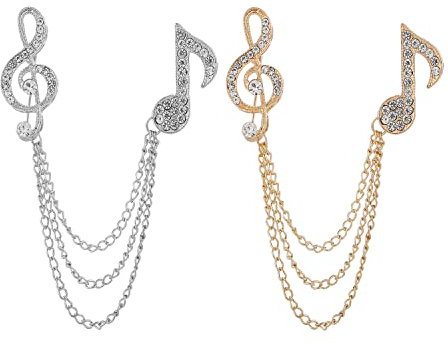 2 Stück Set Kristall Musiknote Broschen lange Kette Kragen Pin Brosche Mantel Anzug Abzeichen Revers Pin Charme für Frauen Schal Zubehör Geschenke für Männer, Metall, ohne Edelstein