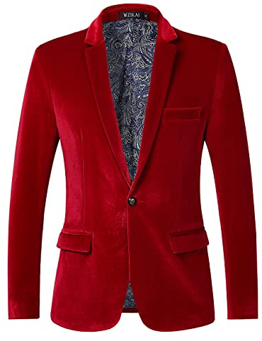 WZIKAI Mens Velvet Blazer One Button Slim Fit Solid Fashion Suit Jacket Sport Coat for Wedding Prom Dinner Party Burgundy XXL