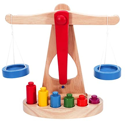 Wooden Scale Toy Math Learning Weighing Scale Kid Educational Tools with 6 Weights .NOPEILVI