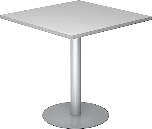 bümö Besprechungstisch, Esstisch klein, Tisch eckig 80x80 cm - Kleiner Esstisch grau, Rundtisch Esstisch 2 Personen mit Holz-Platte, Säule aus Metall in Silber, Konferenztisch, Bistrotisch
