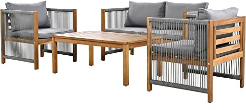 Merax Loungeset, Gartenmöbel Set, mit bequemem Kissen, Sitzgruppe, Sitzgarnitur Terassenmöbel, Doppelsofa，2 Sessel und Tisch, Outdoor, Tisch und Stühle, Rattenoptik, Akazie, grau