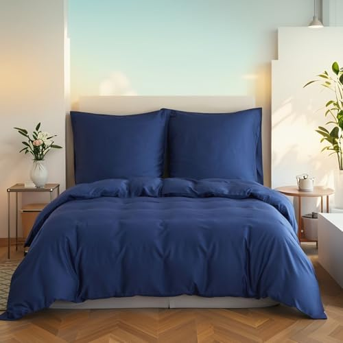 Simple&Opulence Bambus Bettwäsche 200x200 cm, Seidiger und weicher Bettbezug Kühle Bettwäsche-Set Perfekt für Haut und Haar mit 2 Kissenbezüge 80x80 cm, Dunkelblau