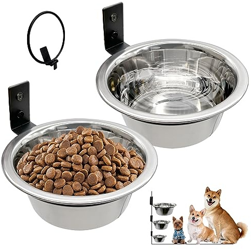 Hamiledyi 2 Pack Wall Mounted Elevated Dog Bowls - Adjustable Height Stainless Steel Raised Food & Water Bowls with Collapsible Stand for Medium & Large Dogs & Cats (L)