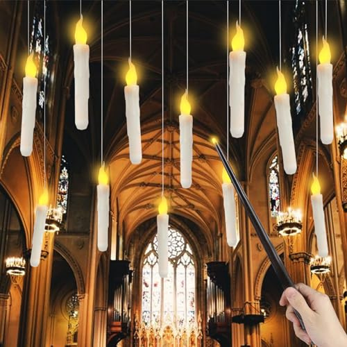 12 Stück Halloween Deko Schwebende Kerzen,Flackernde Flammlose LED Kerzen mit Zauberstab,Led Stabkerzen mit Timerfunktion und Fernbedienung Hängende Kerzenlichter für Party Kirche Hochzeit Home Deko