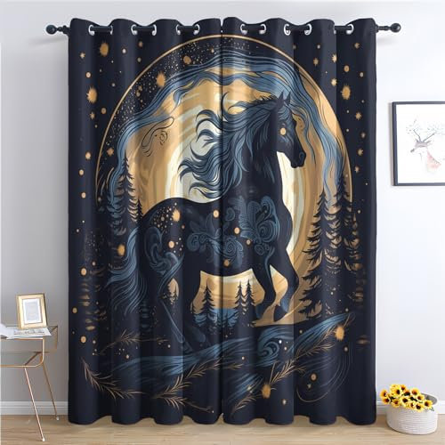 SZLYZM Vorhänge Pferde, Verdunkelungsvorhang 2er Set - Vorhang Blickdicht Tiere Muster, Thermovorhang für Deko Wohnzimmer Schlafzimmer Kinderzimmer, Gardinen mit Ösen 160x132 cm (HxB) (H1&-89)