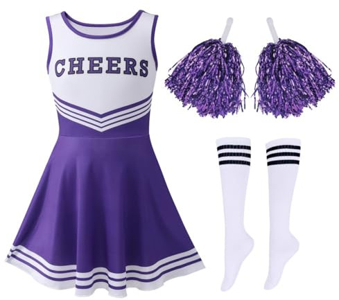 Hotfiary Ragazze Cheerleading Vestito con Pompon e Calzini, Bambini Scuola Musicale Party Dress 3-12 Anni, Ceerleader Vestito per Halloween Sport Game Uniforme