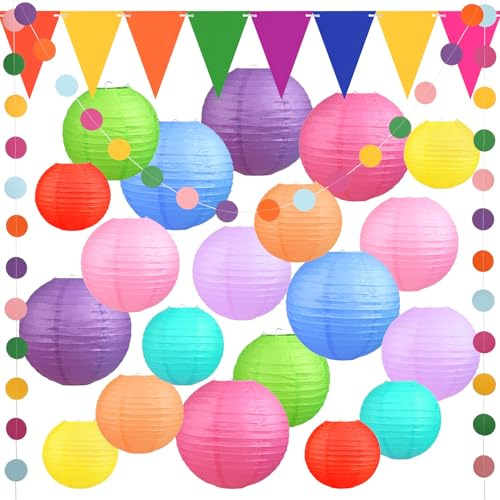 Encham Bunte Papierlaternen - 20 Stück Bunte Party Deko mit Wimpelkette und Girlande für Feiertage, Hochzeit, Geburtstage, Garten- und Babypartys