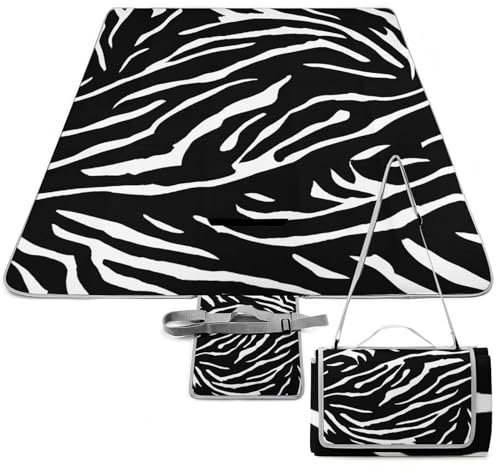 SEEKJOYS Zebra schwarze gestreifte abstrakte Picknickdecke mit Tragegurt, faltbar und tragbar, 3-lagig, wasserdicht, sanddicht, Stranddecke für Outdoor, Camping, Reisen, Gras, Rasen, Park,