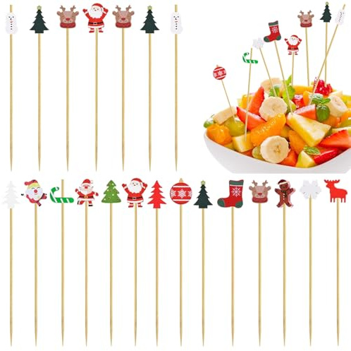 200 Stück Weihnachten Cocktailspieße,12cm Hölzerne Cocktail Zahnstocher Eine Vielzahl von Motiven Food Picks Weihnachten für Getränke Obst Dessert Lebensmittel Vorspeisen Dekoration