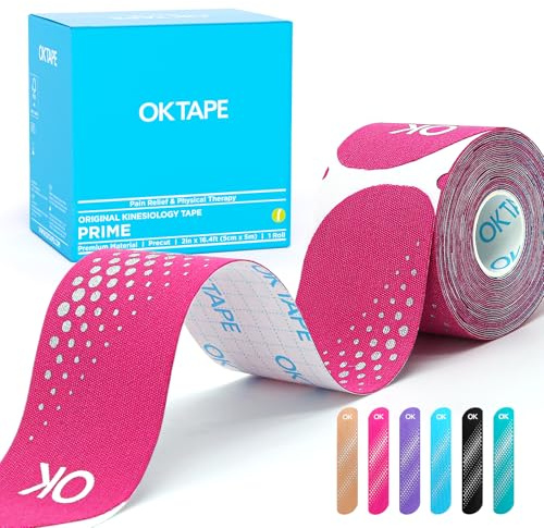 OK TAPE Synthetic Kinesiology Tape Precut Strips, Waterproof Kinesiology Athletic Tape for Joint & Muscle Support, Reflective and Durable Tape, 2in×16.4ft Roll 20PCS | Pink
