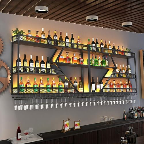 Botellero De Pared Industrial,Estante De Vino Montado En La Pared Para Botellas,Botellero Vino De Hierro Con Luz LED,Soporte Para Botellas De Vino En La Pared Metal,Estantería Para Bodega,Bar,Cocina(B