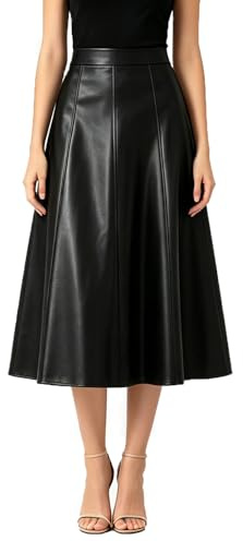 DINGJIUYAN Jupe midi en similicuir taille haute pour automne, hiver, printemps - Jupes en cuir synthétique pour le quotidien, le bureau, les vacances, Noir , S