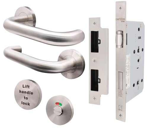 EAI Lift to Lock Return to Door Handle Set with DIN Lock, Satin Stainless | Suitable for 60 Minute Fire Doors, Ideal for Disabled Toilets, DIN Lock (72mm C/C - Backset 60mm), Fixings Included
