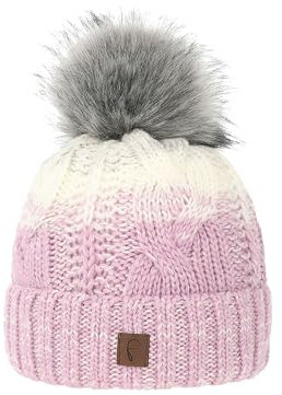 Faera Damen Beanie Bommelmütze mit Kunstfell und Thermo-Fleece Strickmütze Zopf Farbverlauf, Farben:Lila, Größe:One Size