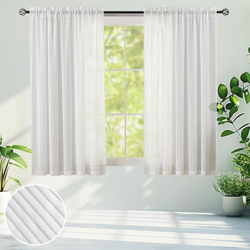 Demetex White Voile Curtains 2 Panels Striped Net Curtains for Windows 63 Drop Sheer Curtains with Rod Pocket on Top for Home Living Room Dining Room, 137 x 160 cm, White