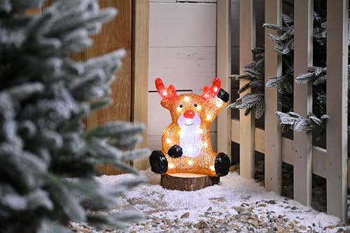 Festive Productions Weihnachten 30cm Leuchtende Acryl Rentier - Rotes Geweih - Weiße LED Lichter - Weihnachtsdekoration für Zuhause - Festliche Weihnachtsbeleuchtung - Leuchtende Weihnachtsdekoration