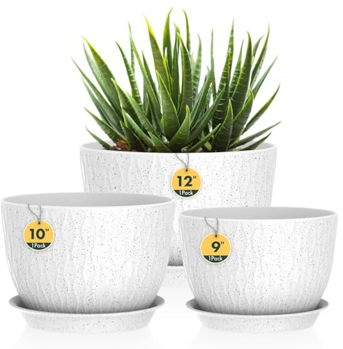 Homeuouz 3er Set Groß Breite Pflanzentopf mit Untersetzer – 30/25/22 cm Kunststoff-Blumentöpfe für Innen & Außen, mit Drainagelöchern, wasserwellige Struktur, Weiß mit schwarzen Punkten